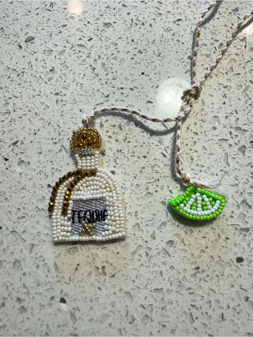 White Tequila Bottle Lime Beaded Keychain Bag Charm